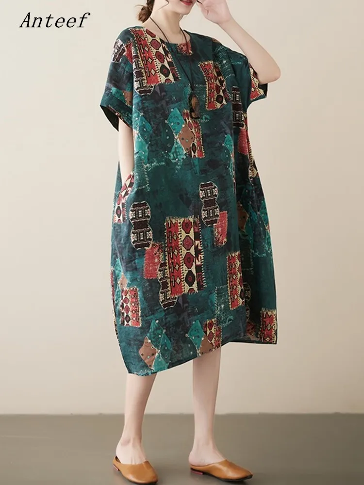 

Женское винтажное платье с коротким рукавом, повседневное Свободное длинное летнее платье из хлопка и льна, элегантная одежда 2023