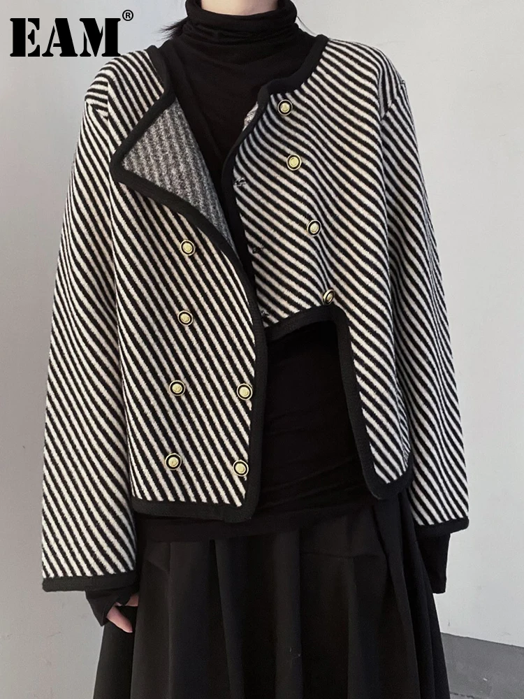 

[EAM] Black Striped Irregular Knitting Cardigan Sweater O-Neck Long Sleeve Women New Fashion Tide Autumn Winter 2023 1DF3444