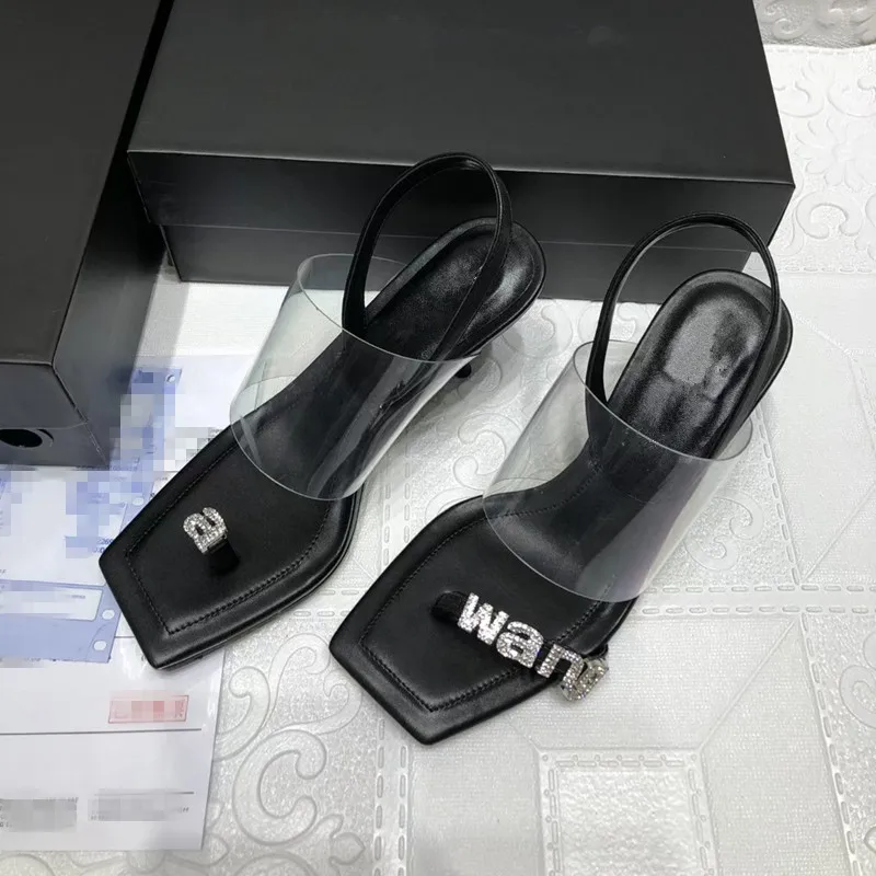 

2022 summer new European and American ladies square head rhinestone letter sandals flip flops stiletto transparent high heels