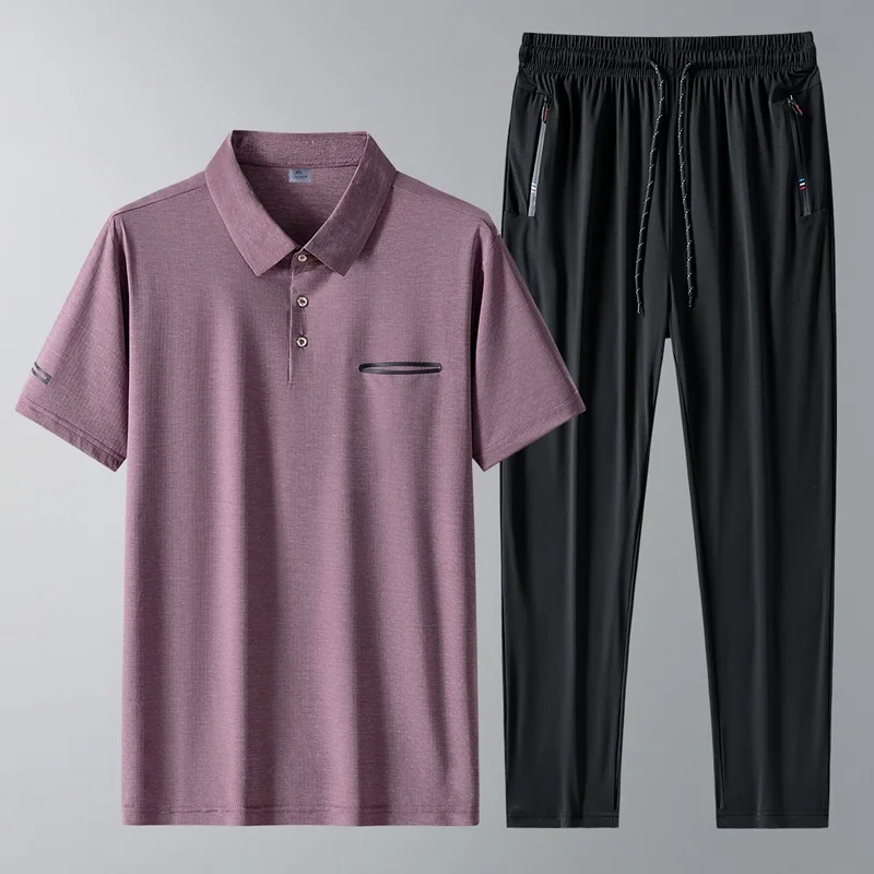 2023 Summer Ice Polo Shirt Suit Business Men's Solid Color Lapel Seamless Ice Short Sleeve+ice Pants Two-piece Mens Sportswear