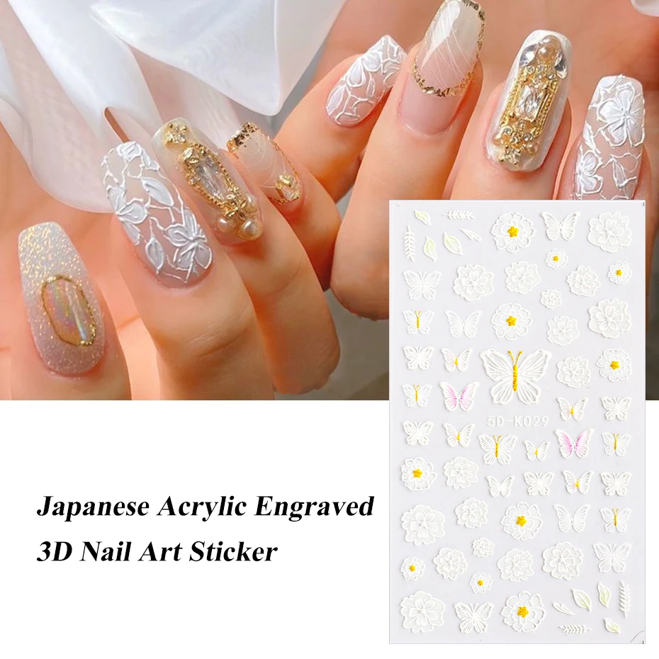 1Sheet White Embossed Flower Lace 5D Sticker Decal Wedding Nail Art Designs Floral Butterfly Japanese Manicure Decor JI5D-K-1 images - 6
