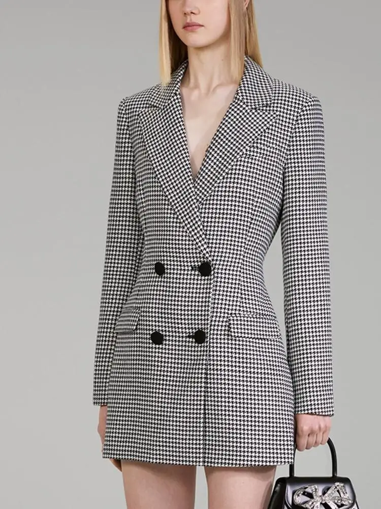 Women Houndstooth Suit Short Dress 2023 Early Spring Ladies Slim V-Neck High Waist Double Breasted Notched Long Sleeve Mini Robe