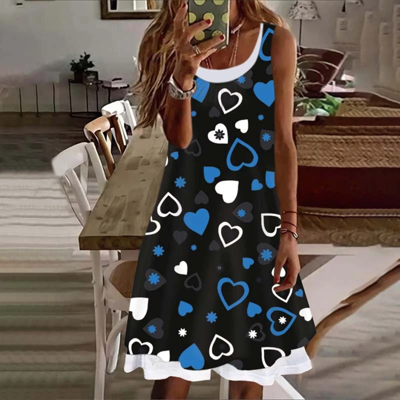 

Women New Loose Vintage Ruffles Casual Dress Summer Printed Party Beach Dresses fake two pieces heart print