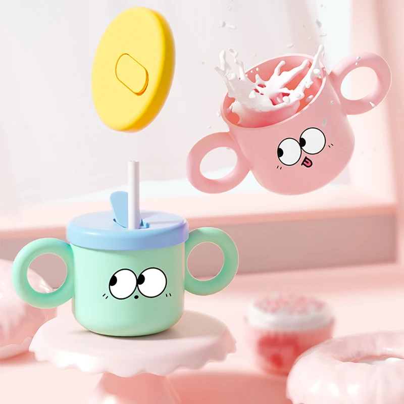 Детская чашка для молока, чашка для воды, детская мультяшная пластиковая чашка со шкалой, портативная детская соломенная чашка, летняя стан...