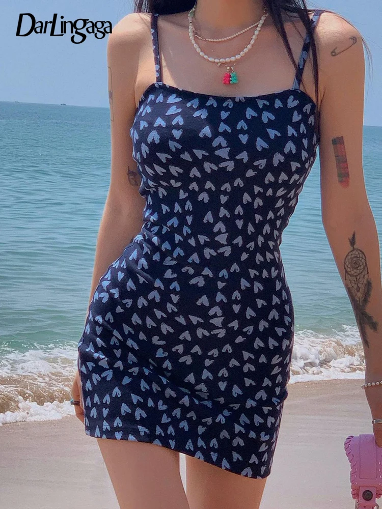 

Darlingaga Y2K Cute Heart Printed Spaghetti Strap Bodycon Summer Women's Dress Casual Slim Sundress Beach Holidays Sexy Dresses
