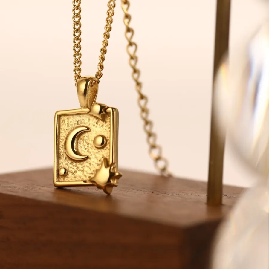 

design feeling stainless steel square pendant necklace gift moon embossing titanium steel chain necklace women's sweater