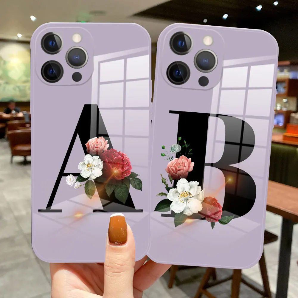

DIY Custom Surname letter Fashion Phone Case For iPhone 13 Pro Max 12 Pro Max 12 Pro Max 13 Mini luxury grass purple Glass Cover