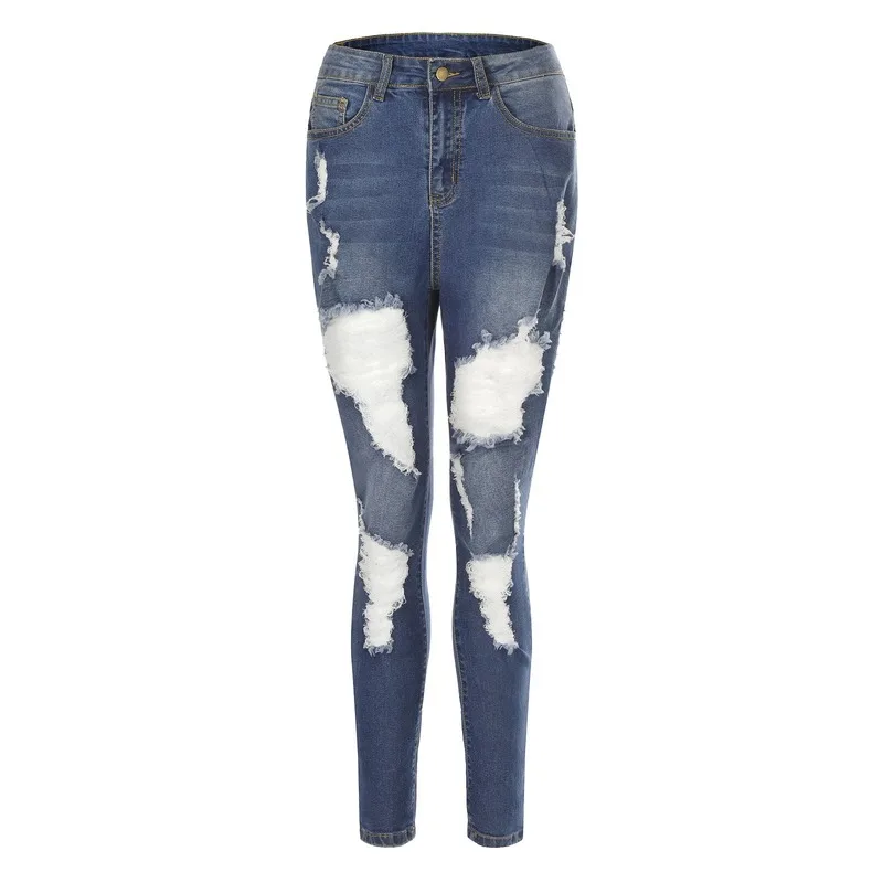 

Blue Jeans Skinny Hole Pencil Pants Street Indie Style Women 2021 New Fashion Y2k Vintage Mid Length Denim Pants Spring Autumn