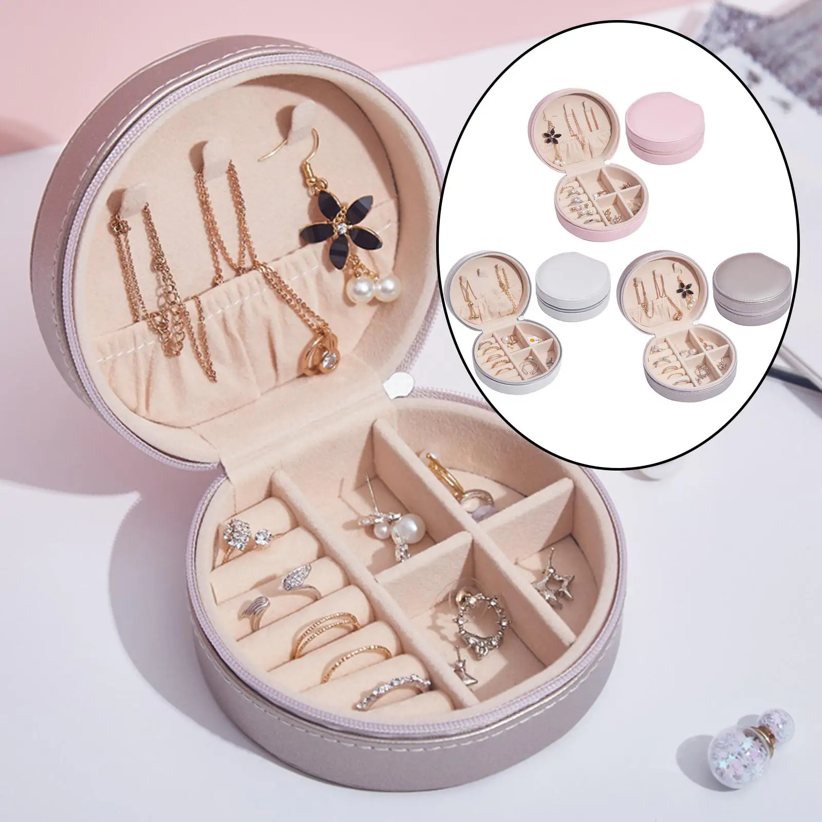 

Portable Jewelry Storage Organizer Round Jewelry Box Earring Holder Display Travel Jewelry Case Zipper Travel Case for Woman