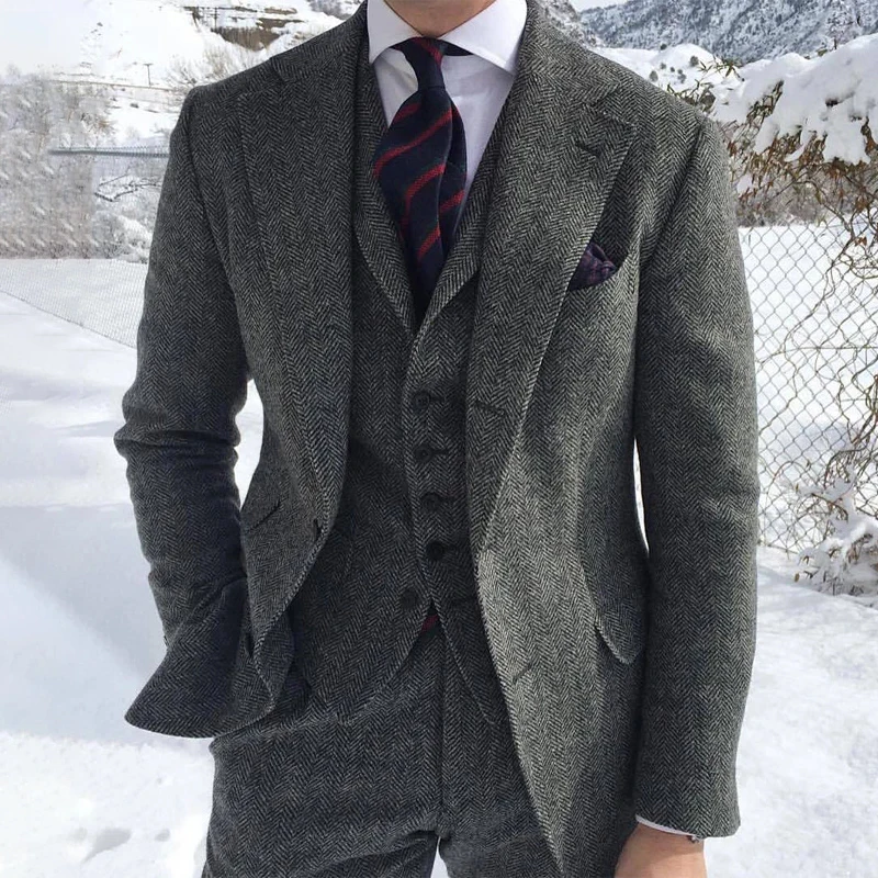 

Wool Tweed Winter Men Suit's for Wedding Formal Groom Tuxedo Herringbone Male Fashion Suit Jacket 3 Piece (Jacket +Vest +Pants)