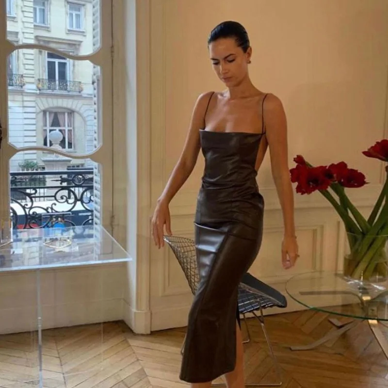 Женское облегающее платье средней длины элегантное из искусственной кожи без