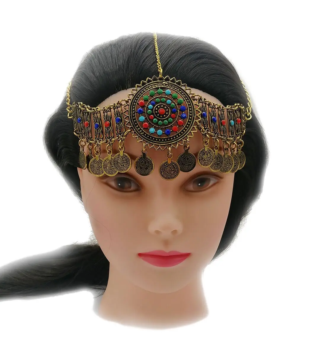 

Vintage Colorful Acrylic Rhinestone Coins Tassel Ethnic Hair Accessories For Women Gypsy Tribal Bride Forehead Head Jewelry