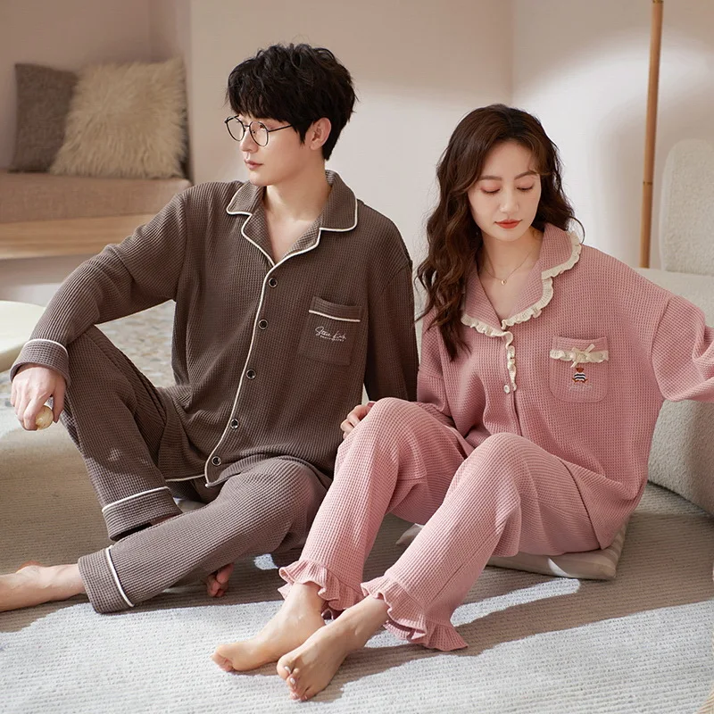 2023 New Waffle Couple Pajamas Spring and Autumn Models Loungewear Can Go Out Home Service Breathable and Soft and Leisure Suit