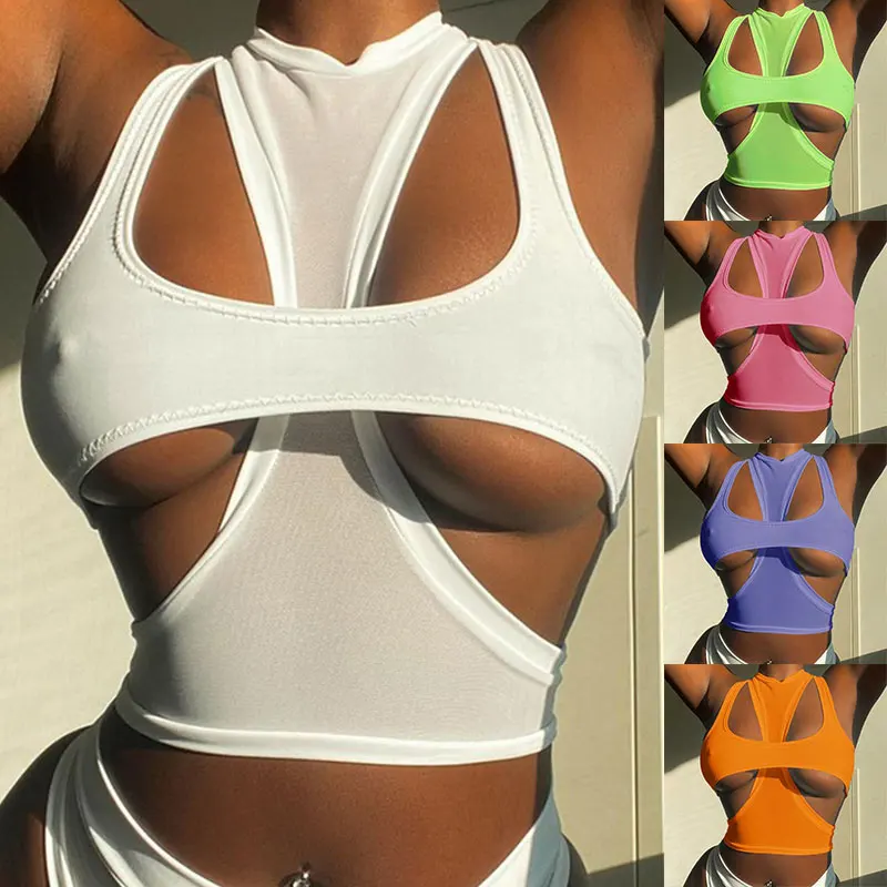 

2021 Summer Fashion Sexy Cut Out 2 Piece Crop Tops Clothes For Women Gothic Punk Streetwear Seamless Tank Top Black White