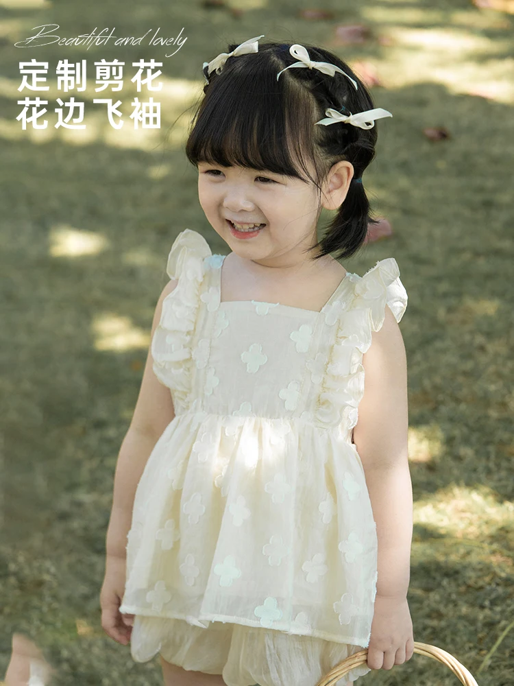 

Сетчатые рубашки для девочек, Новинка лета 2022, модный детский топ с вышивкой и кружевом в виде грибка и летающих рукавов