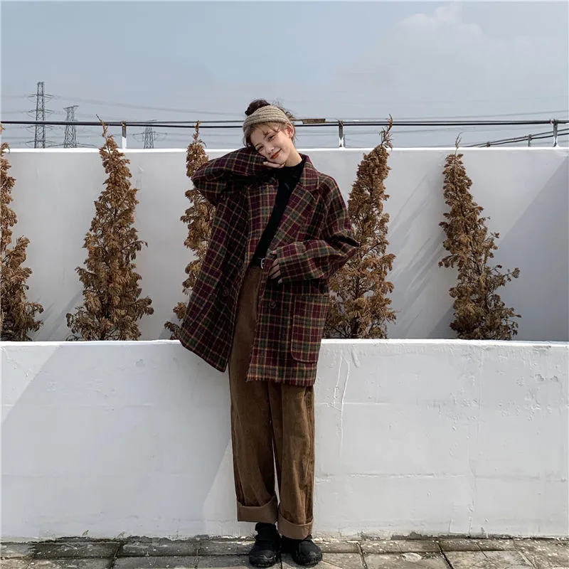 2023 Autumn and Winter Korean Retro Plaid Thick Woolen Suit Jacket Women's Mid-length Casual Loose Long-sleeved Women's Clothing