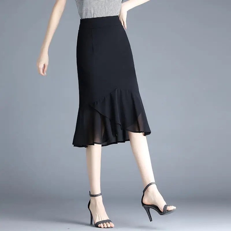 

Women 2022 Spring Summer Fashion Ruffles Chiffon Skirt Female Solid High Waist Fishtail Flouncing Skirts Office Lady Skirt J25