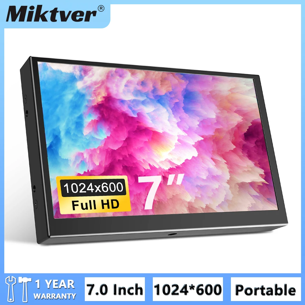 

Miktver S701H Metal Housing 7 Inch Mini TFT VGA TV Screen HD 1024x600 Car Rear View HDMI Monitor AV Video Input 5V/2A USB Power