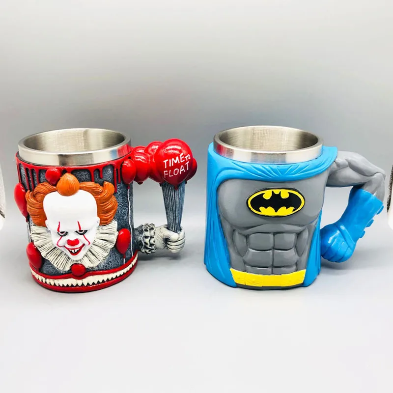 

New Knight Bat Hero Resin Stainless Steel Clown Glass Mug Coffee Cups Cute Young People Gift