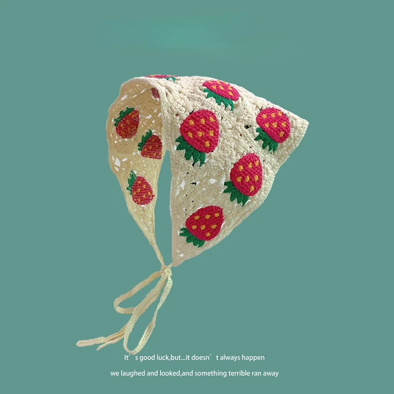 Korean Small Mushroom Strawberry Handmade Crochet Hollow Triangle Headband Towel Sweet Cute Strap Hair Bag Headscarf Hat images - 6