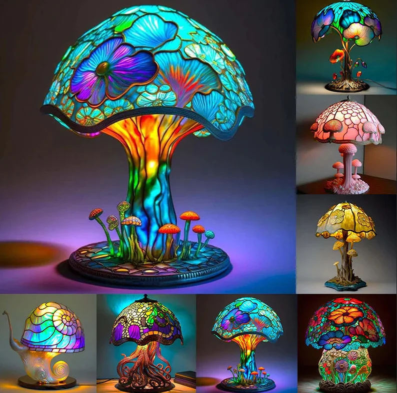 

Retro Stained Glass Plant Series Table Lamps Colorful Flower Mushroom Creative Table Night Lamp Bedroom Bedside Atmosphere Light