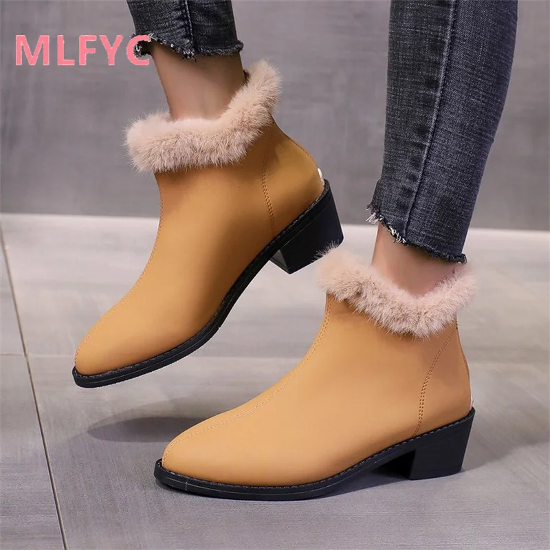 

Soft leather short boots women pointed thick heeled cotton boots winter plush boots ladies back zippered high heeled boots mujer