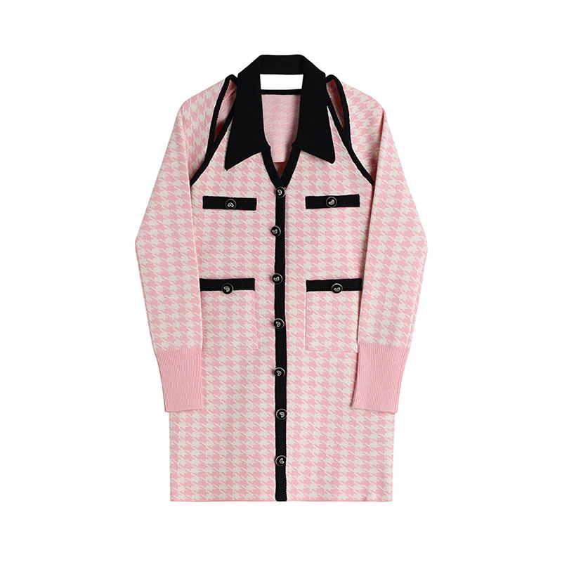

Spring Women Dress Fashion Off Shoulder Vintage Plaid Long Sleeve Coat Korean Elegant Sweet Sexy Chic Two Piece Midi Dress Suits