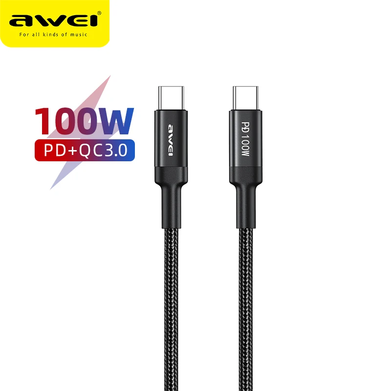 

Awei CL-117T 100W USB C to Type-C Phone Cable Durable Braid Cables PD 3.0 Fast Charging 20V/5A For Xiaomi Huawei Marbook Laptop