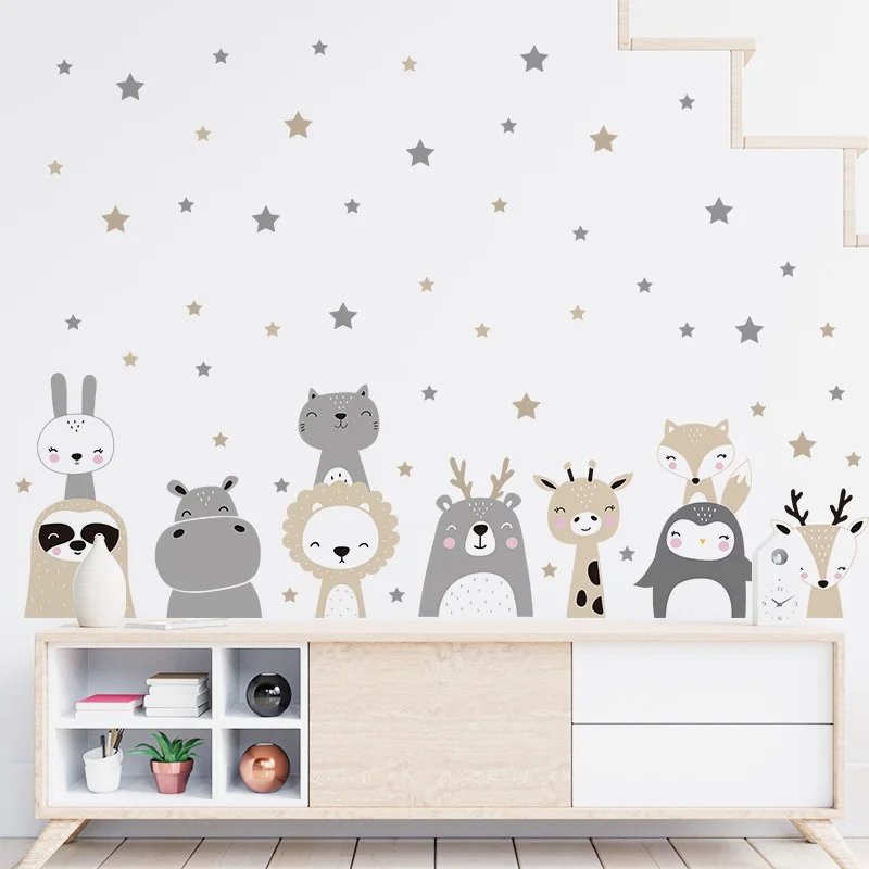 

Cartoon Lion Bunny Wall Stickers Home Decor Animals Stars Wallpaper Kawaii Decals for Kids Room Baby Nursery Bedroom Murals