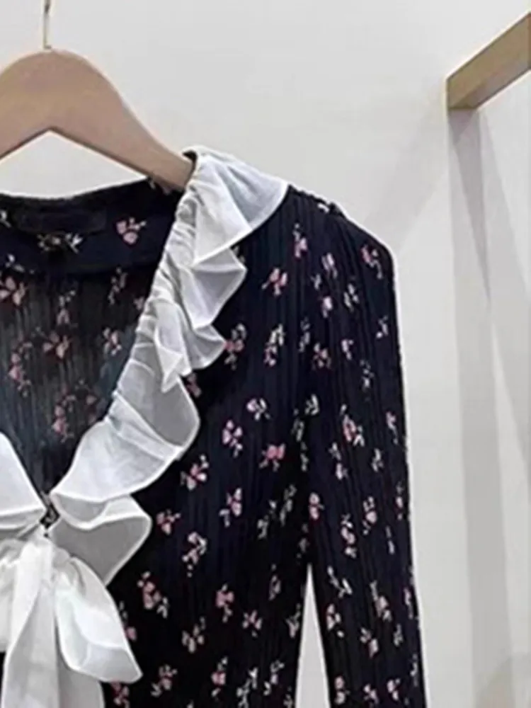

Женское Плиссированное мини-платье с цветочным принтом, короткое платье контрастных цветов с V-образным вырезом, длинными рукавами-фонариками, поясом и оборками, новинка 2023