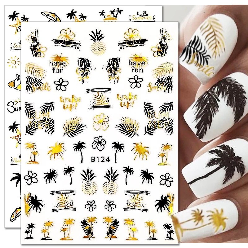 Летние наклейки для ногтей черные золотые пляжные океанские кокосовое дерево