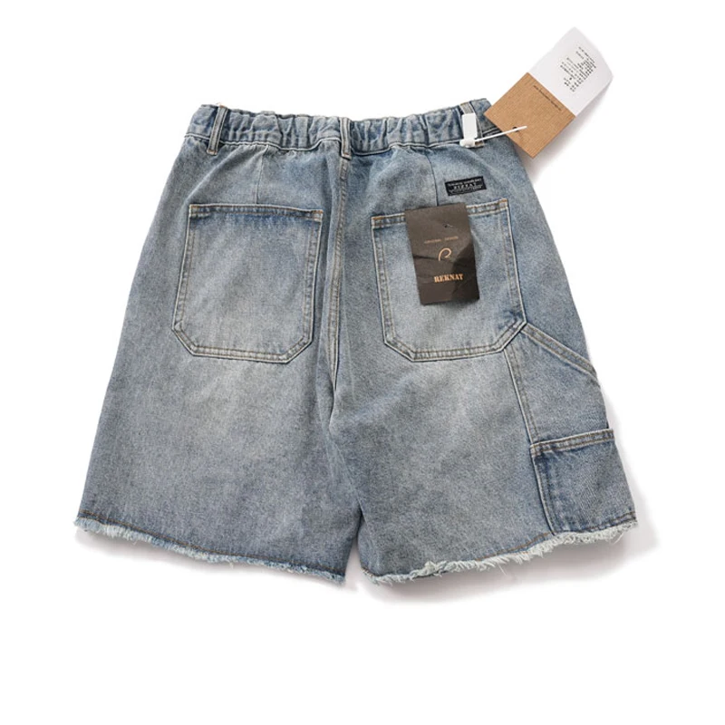 Summer Pants for Men Washed Denim Elastic Waist Shorts Japanese Uniform Straight Tube Double Knee Logging Jeans