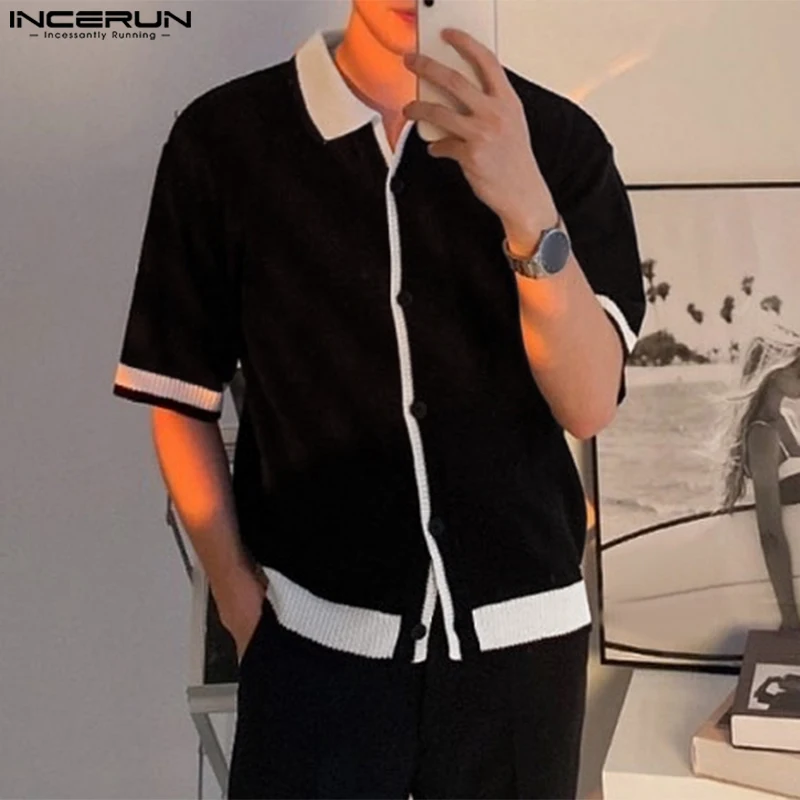 

INCERUN Men Shirt Patchwork Knitted Lapel Short Sleeve Button Korean Men Clothing Streetwewar Summer 2023 Male Thin Shirts S-5XL