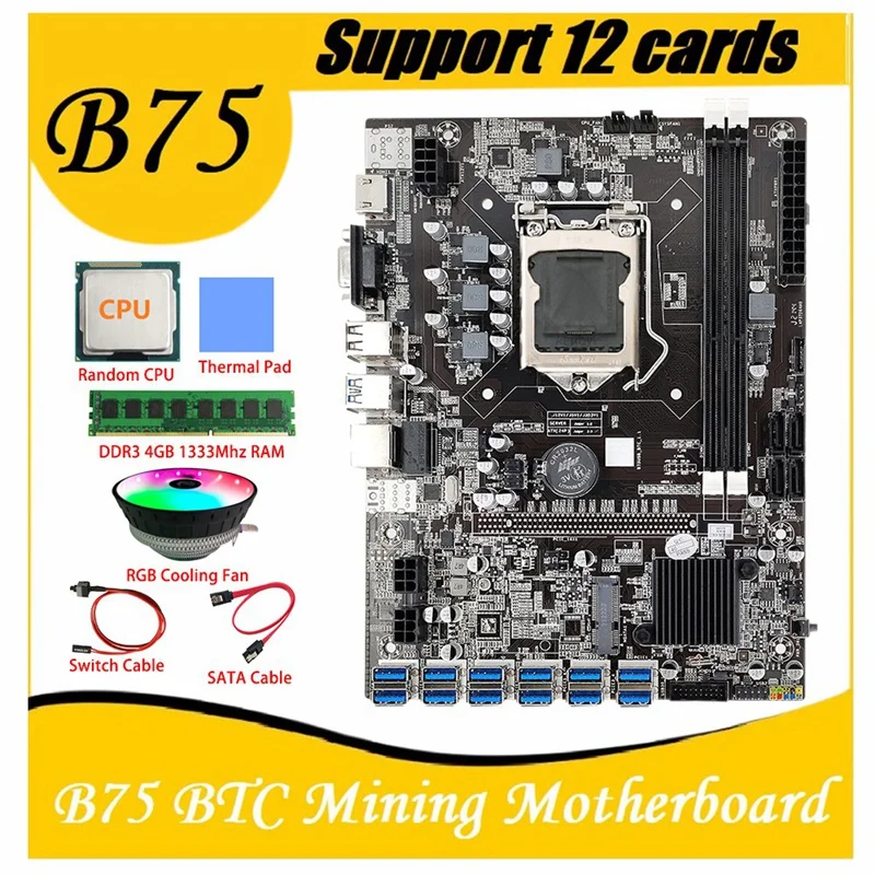 

B75 ETH Mining Motherboard 12 PCIE To USB With SATA Cable+Cooling Fan+DDR3 4GB 1333Mhz RAM LGA1155 B75 BTC Motherboard