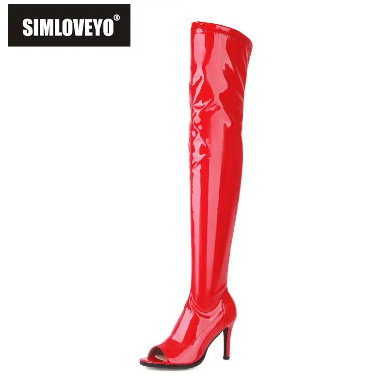 

SIMLOVEYO Ladies Over Knee High Boots Peep Toe Thin Heels Zipper Large Size 33-46 Solid Black Red Sexy Female Shoes Party S3977
