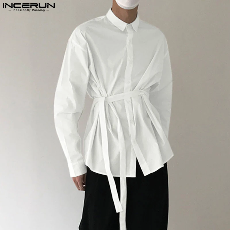 

INCERUN Tops 2023 Korean Style Men's Solid Color Belt Shirts Stylish Streetwear Male All-match Simple Long Sleeved Blouse S-5XL