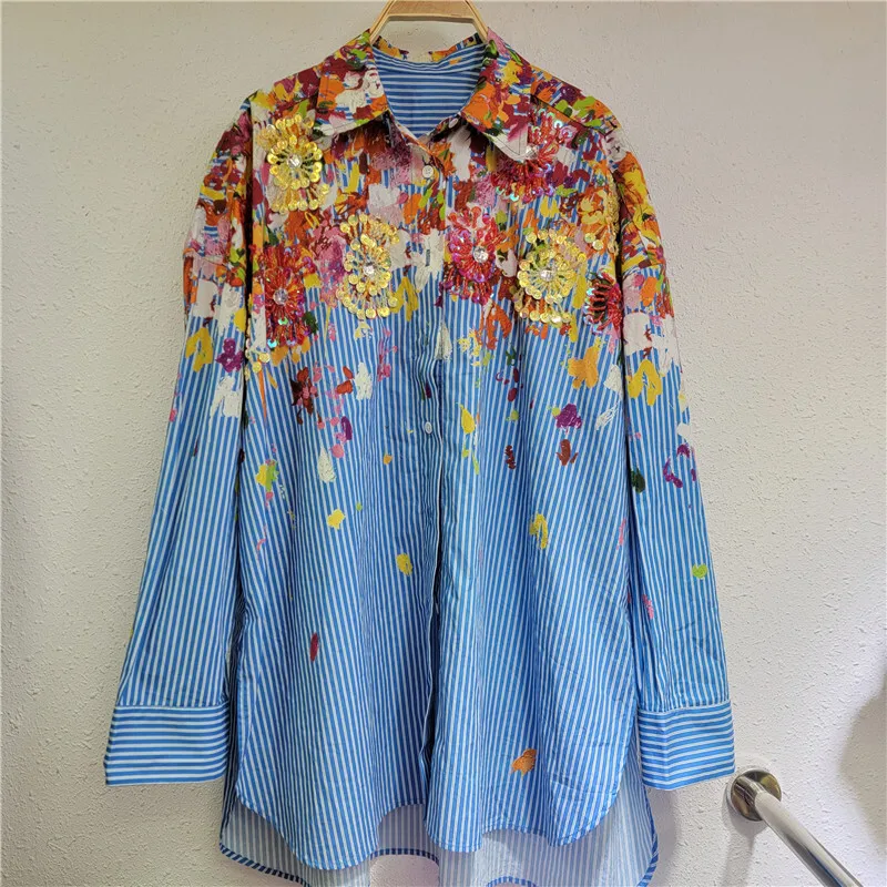 DEAT женская рубашка свободная однобортная блузка в полоску с принтом и блестками