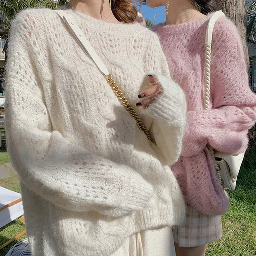 

2023 New Autumn Women's Casual Pullovers Fashion Ladies Loose O Neck Knitting Hollow Out Soft Thin Sweaters Knitwear