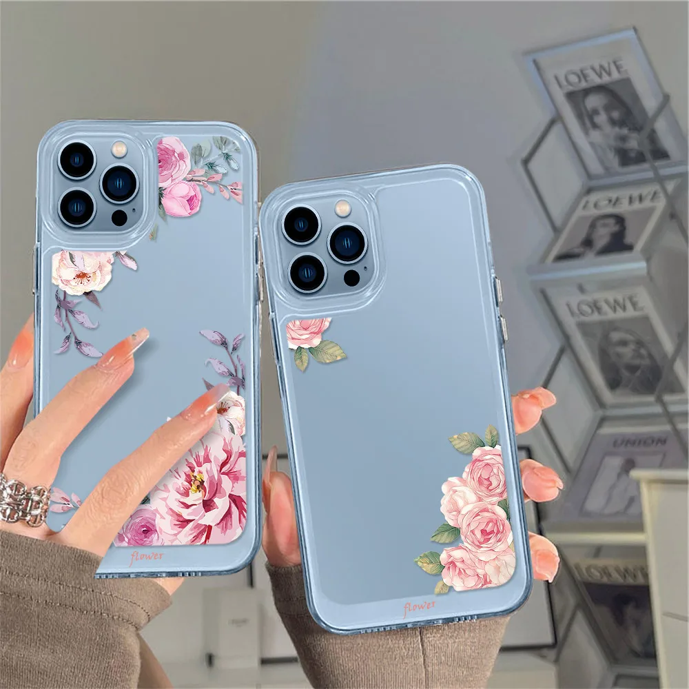 

Phone Case Flower for Iphone 14 13Pro Max Plus 11 13 12 Mini XS X XR Transparent PC+TPU Hard Fundas Protection Shell Back Cover