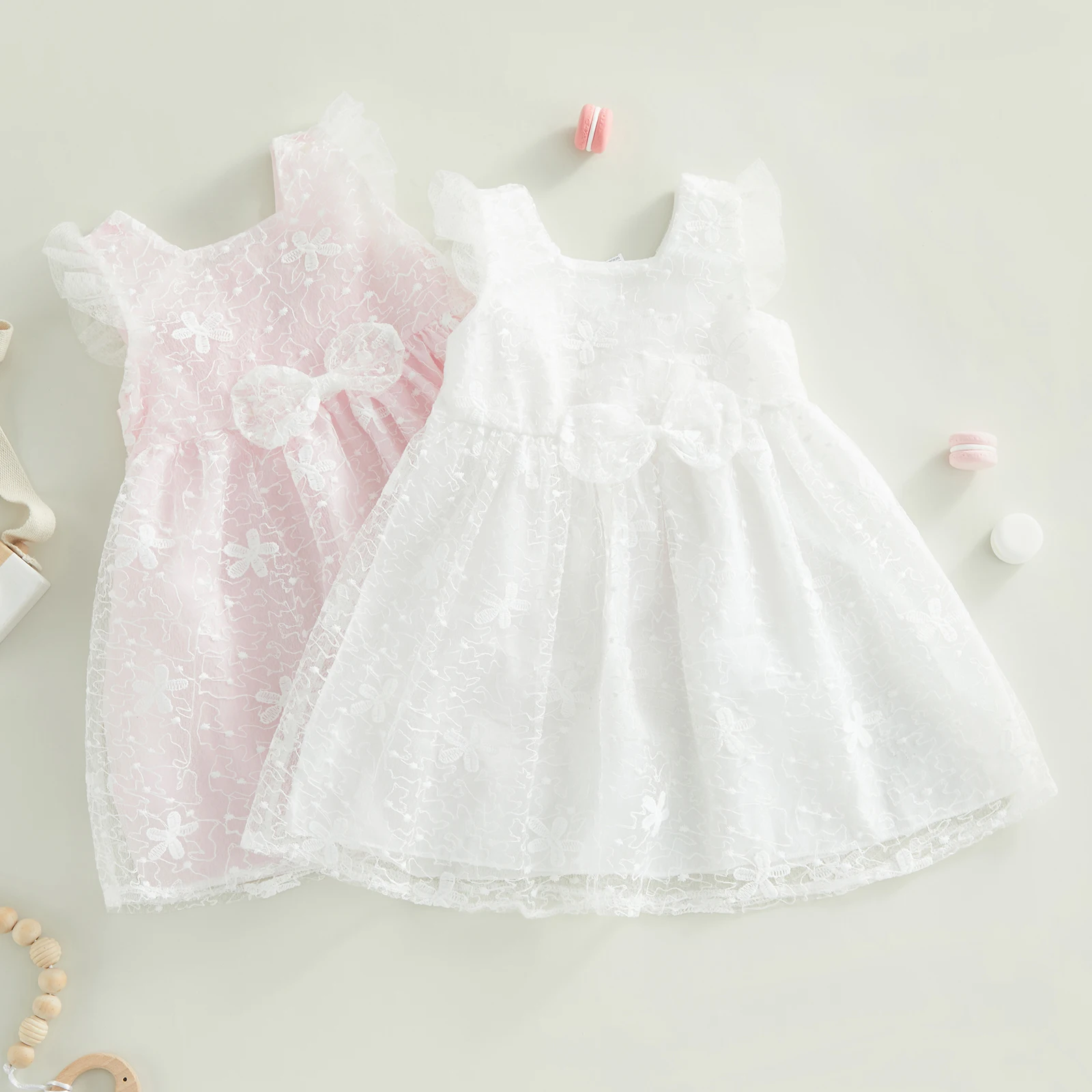 

EWODOS 6-24M Newborn Baby Kids Girls Summer A-line Princess Dress Sleeveless O Neck Lace Floral Dress Bow Decor Lace Dresses