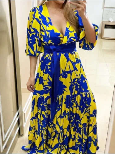 

2022 Summer New Fashion Hot Selling Sexy Women's French Vintage V-Neck Lace-up Medium and Long Sleeve Premium Long Swing Dress