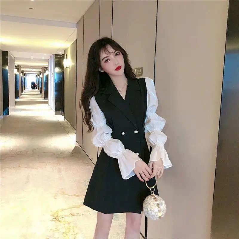 

2023 Autumn New Double-breasted Bubble Sleeve Dress, Show Your Goddess Charm Vestidos Para Mujer