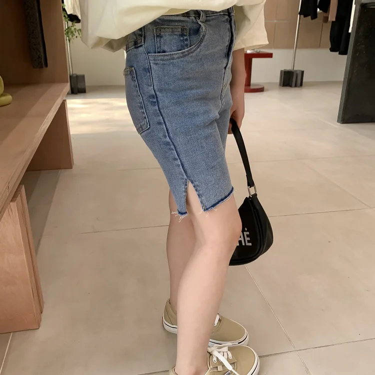 

2022 Summer New Korean Style Medium and Large Children Girls' Stretch Denim Side Slit Long Shorts Fashion
