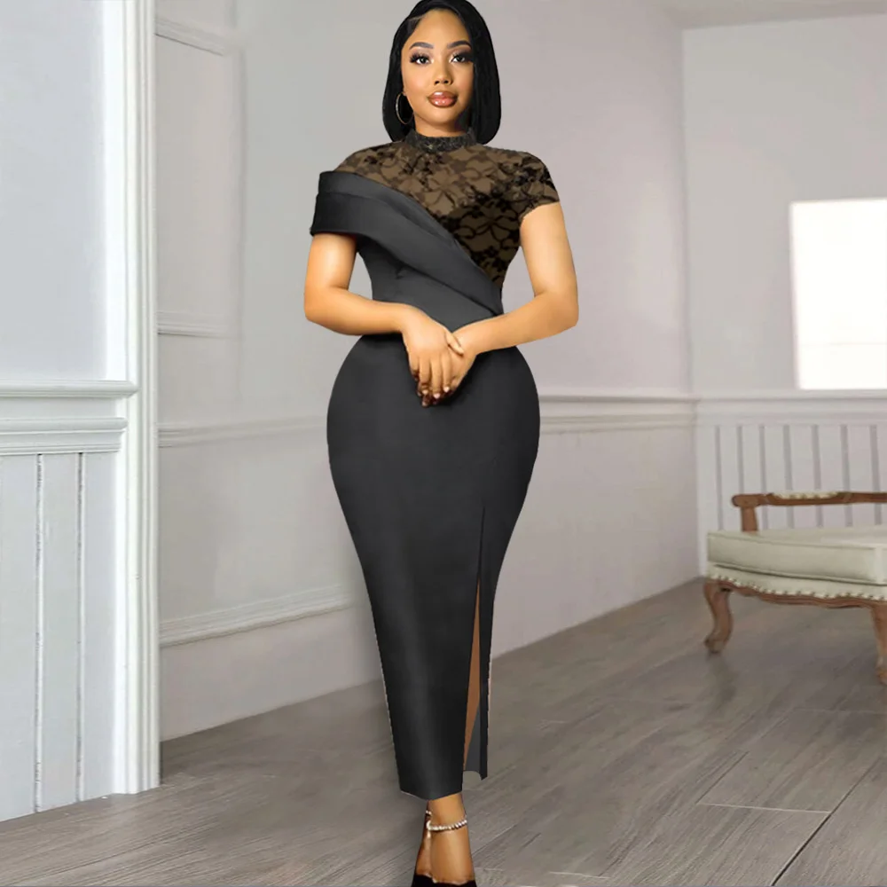 

Ladies Evening Dignified Atmosphere and High-grade Black Summer Plus Size New Round Neck Lace Retro Dress Ruffles