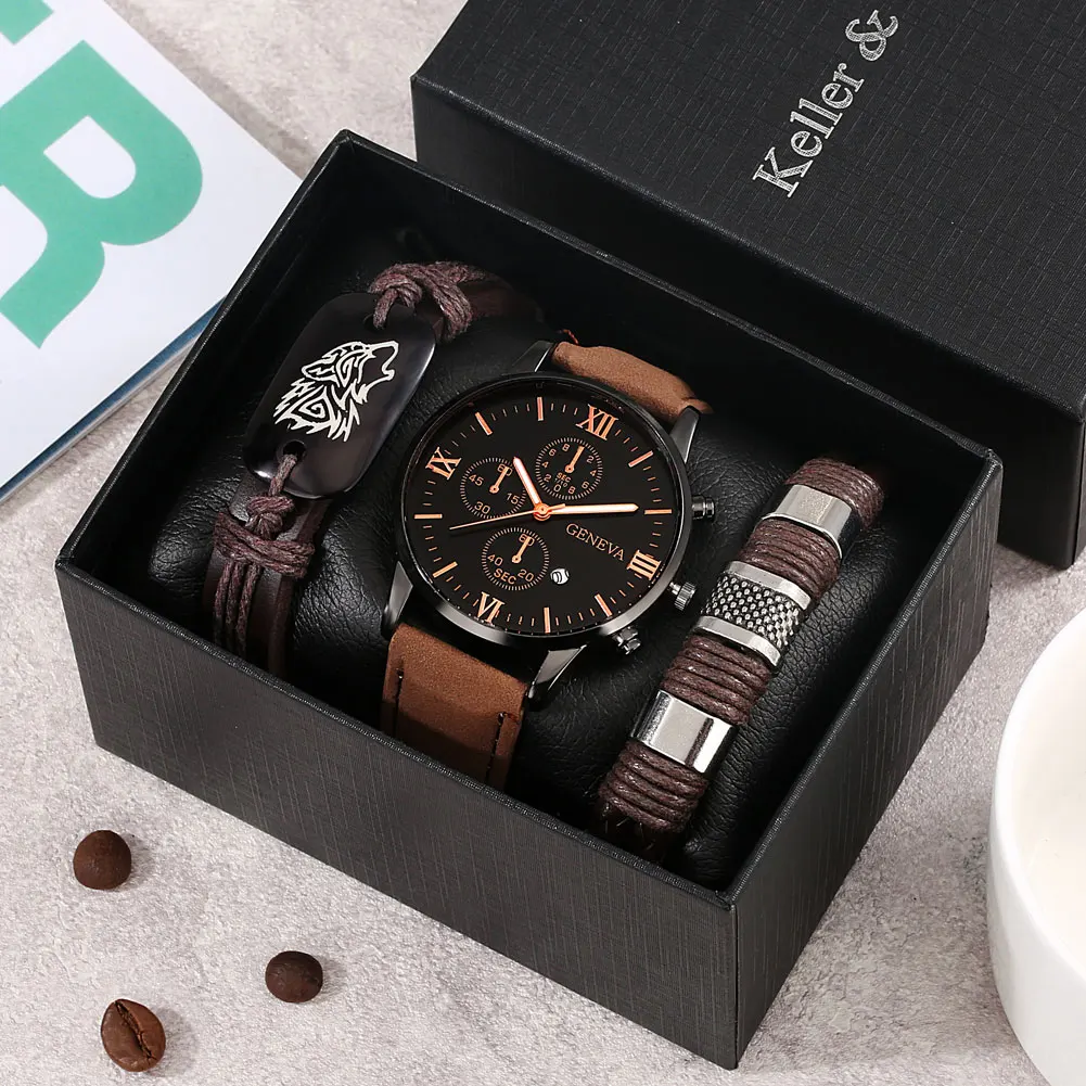 Fashion Casual Quartz Watch for Men Brown Leather Wolf Braided Watch Bracelet Gfit Set for Men Boyfriend Regalos Para Hombre