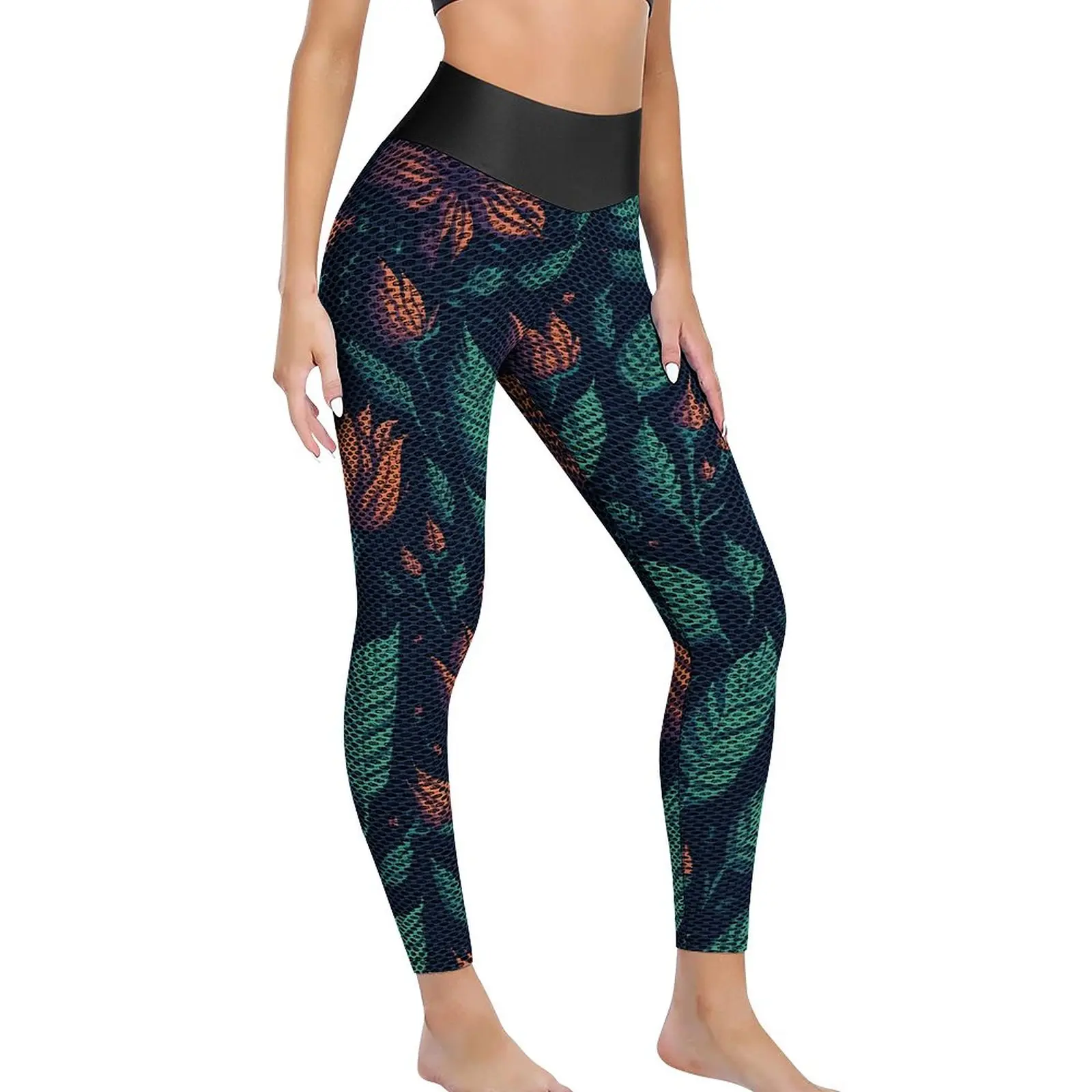 

Green Leaf Leggings Red Flowers Print Design Yoga Pants Push Up Fitness Yoga Leggings Lady Aesthetic Quick-Dry Sport Pants