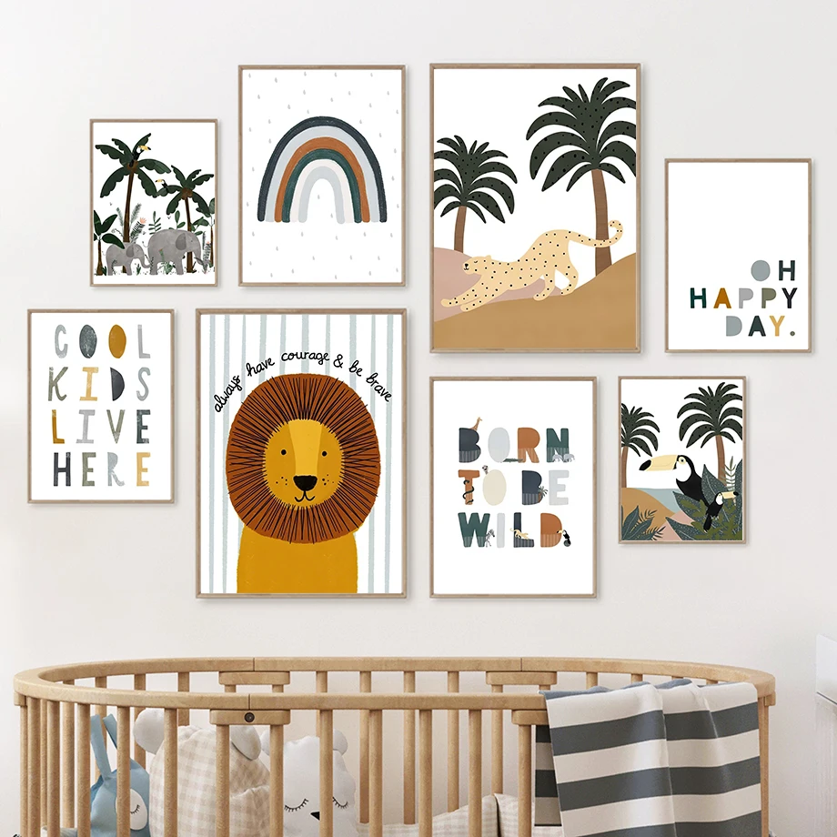 

Lion Elephant Crocodile Toucan Palm Tree Quotes Cartoon Wall Art Canvas Painting Nordic Poster Prints Pictures Kids Room Decor