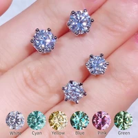 100 real moissanite stud earrings blue green pink red yellow diamond earrings round cut s925 silver fine jewelry for women
