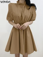 mini robe vonda women dress 2022 vintage half sleeve pleated short dresses casual holiday plain tunic vestidos oversized
