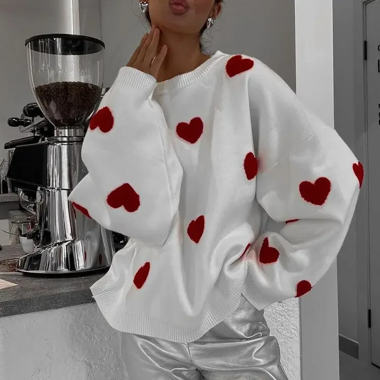 

2023 Autumn Women Sweaters Love Embroidery Knitted Long Sleeved O-neck Pullovers Female Sweet Chic Casual Winter Warm Sweater